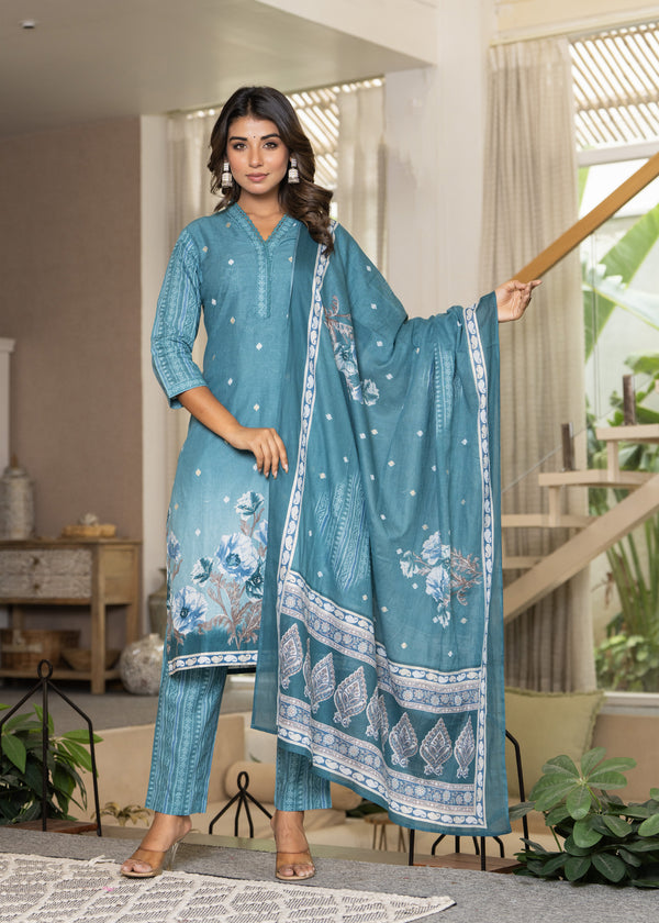 Women Blue Floral Printed Kurta set