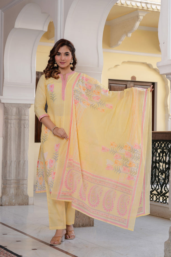Yellow Floral Digital Floral Printed Kurta Pant Dupatta Set