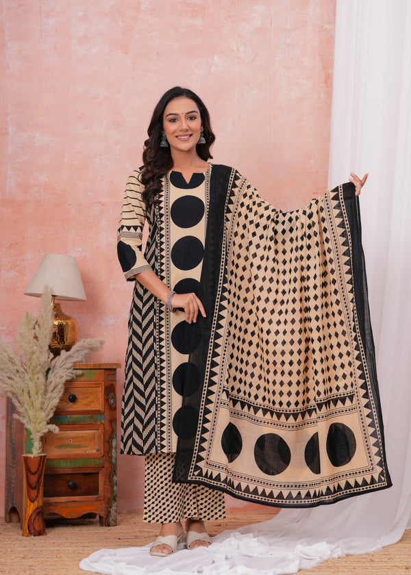 Women's Black Zig Zag Printed Kurta Pant With Dupatta Set