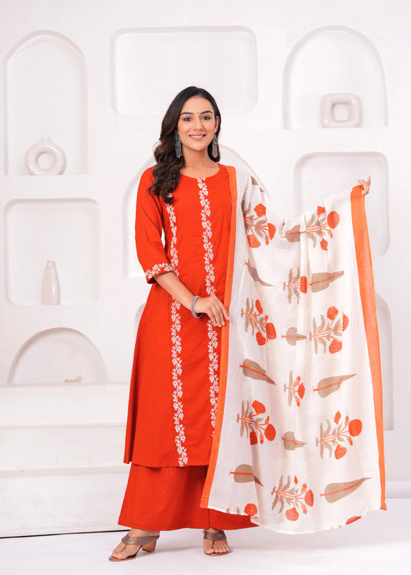 Rusty Embroidered Pure Cotton Kurta Palazzo Set With Dupatta