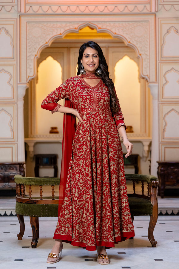 Women's Red Foil Red Rayon Printed Kurta Gown