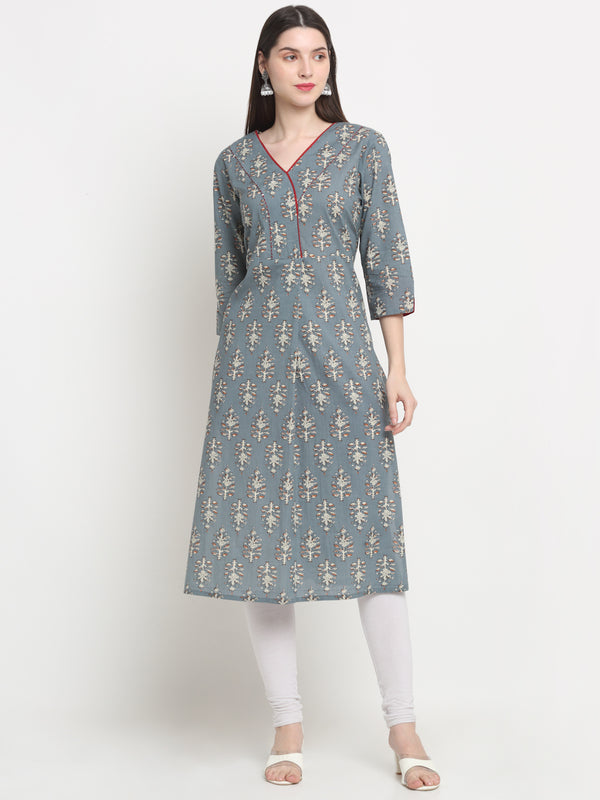 Women's Grey Gray Cotton Printed A Line Kurta