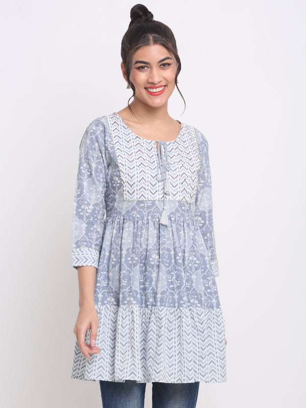 Women's Casua lBeige Flower Grey Cotton Printed Top