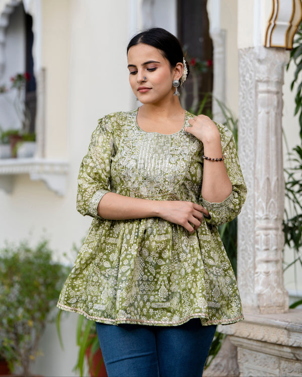 Women's Blue Green Cotton Printed Top