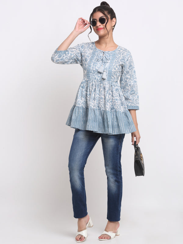 Women's Casual Grey Flower White Cotton Printed Top