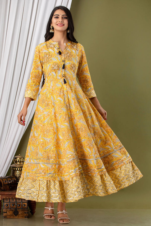 Women's Mustred Flower Yellow Cotton Printed Kurta Gown