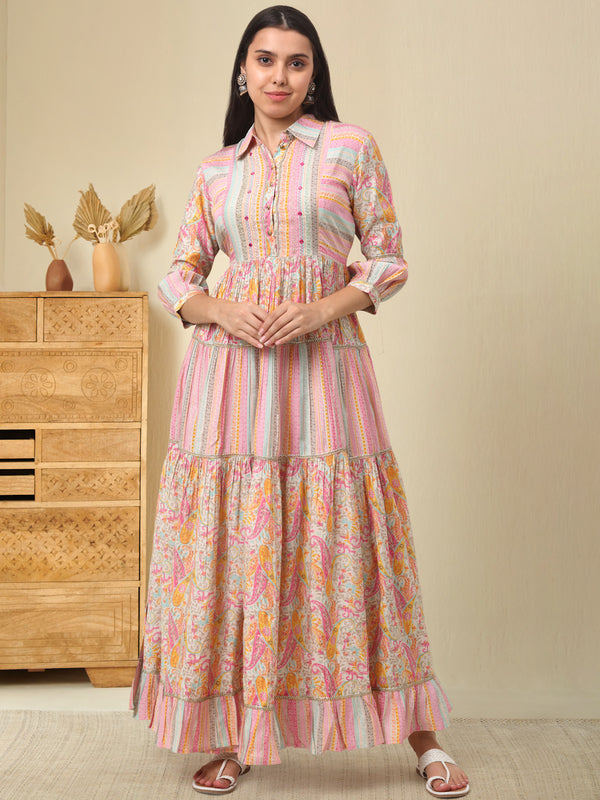 Women's Pink Pink Modal chanderi Printed Kurta Gown