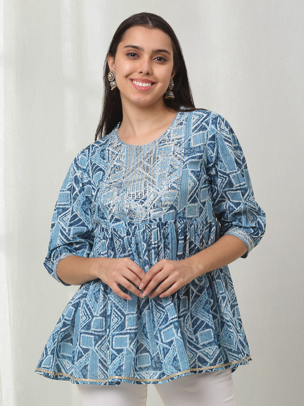 Women's Black Blue Cotton Printed Shirts Top