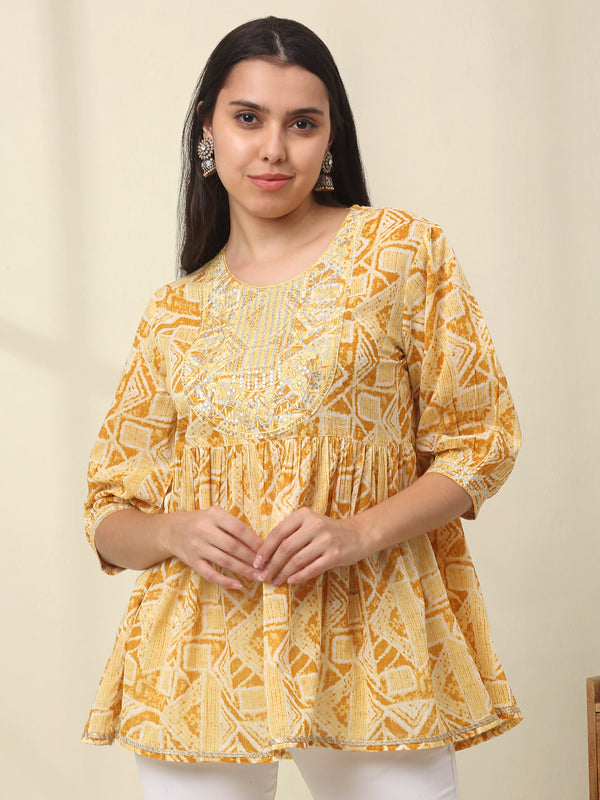 Women's Yellow Cotton Printed Top