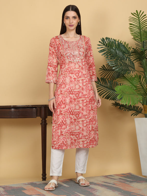 Women's  Peach Pink Cotton Printed Straight Cotton Blend  Kurta