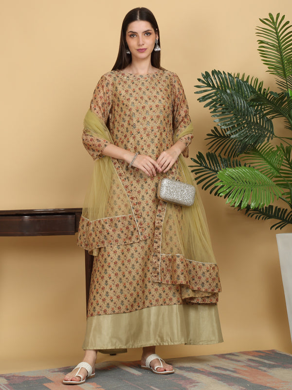 Myaza Women Green Printed Chandri Kurta Innar With Dupatta