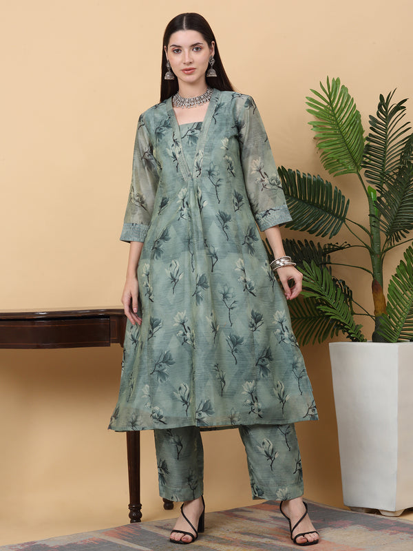 Myaza Women Sea Green Flower Printed Kurta Pant Set