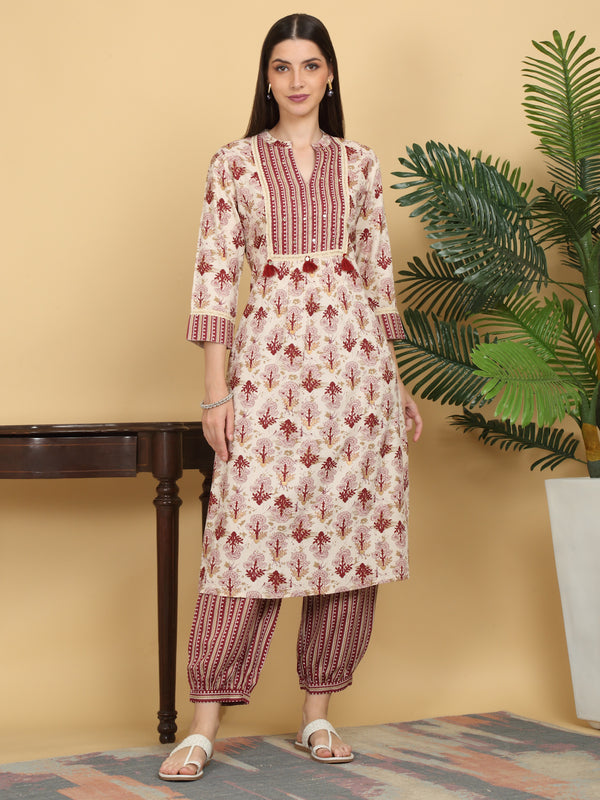 Myaza Women  Beige Flower Printed Kurta Pant Set