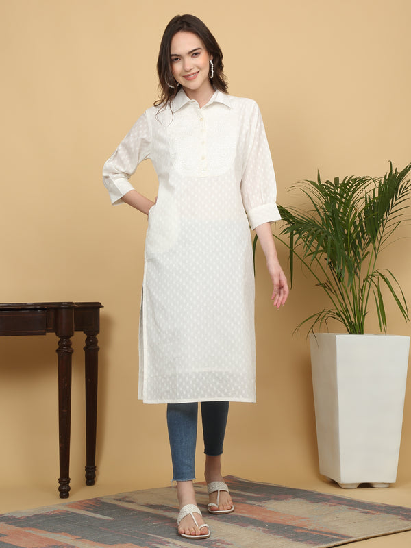 Women's White Cotton Printed Cotton Blend Straight Kurta