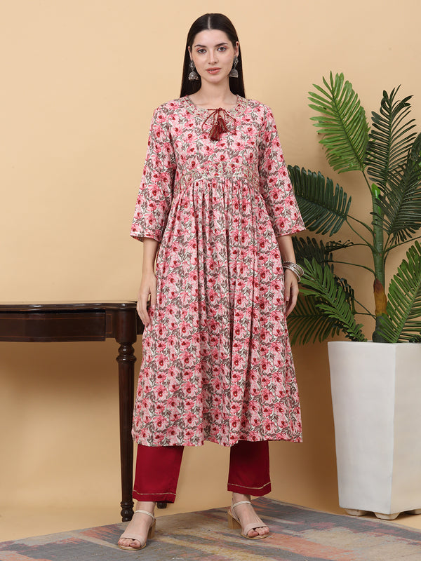 Myaza Women Pink Flower Printed Kurta Pant Set