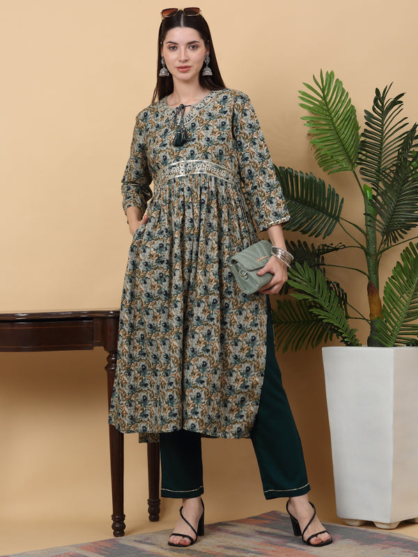 Myaza Women Green Flower Printed Kurta Pant Set