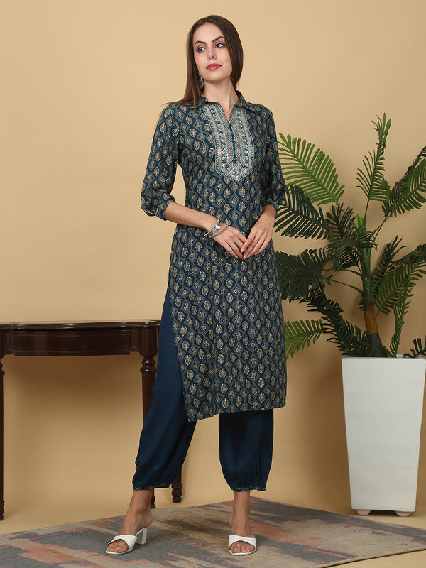 Myaza Women Blue Floral Printed Kurta Pant Se