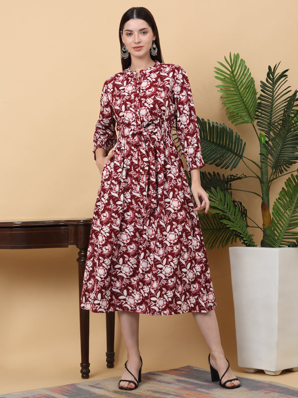 MyazaWomen's Mroon Flower Red Cotton Printed Kurta Dresse