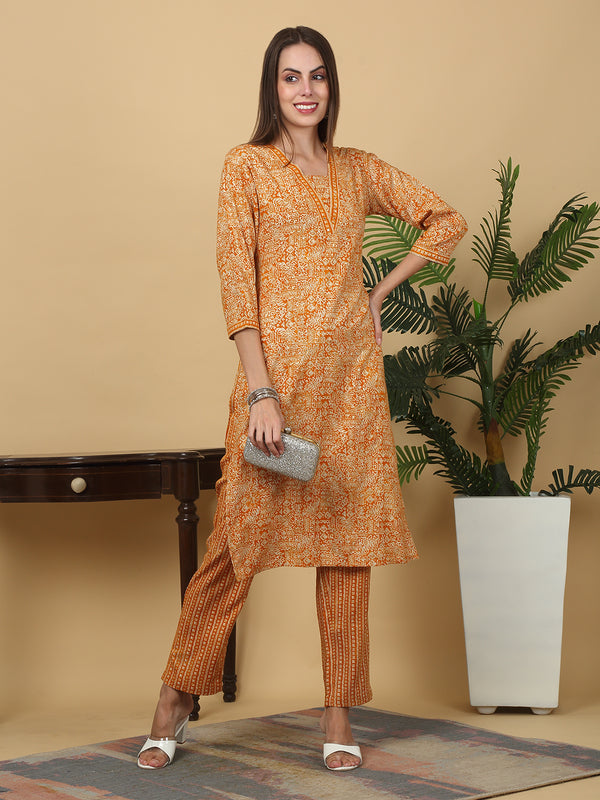 Myaza Women Yellow Printed Kurta Pant Set