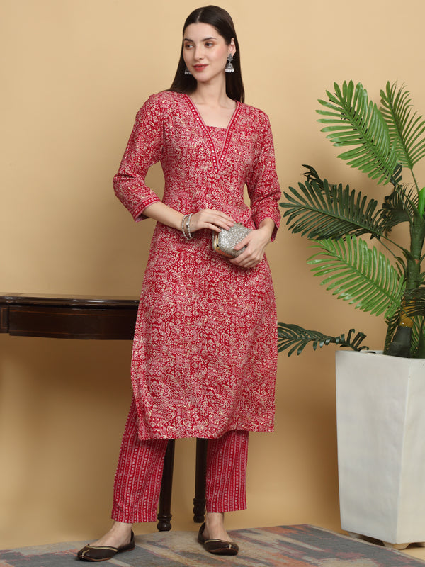 Myaza Women Red Printed Kurta Pant Set