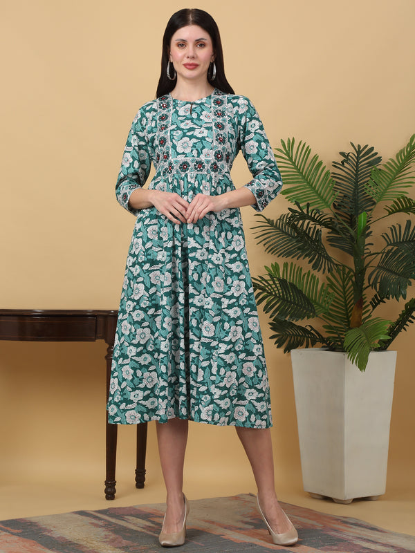 Wome Green Cotton Printed Pure Cotton A-line Kurta