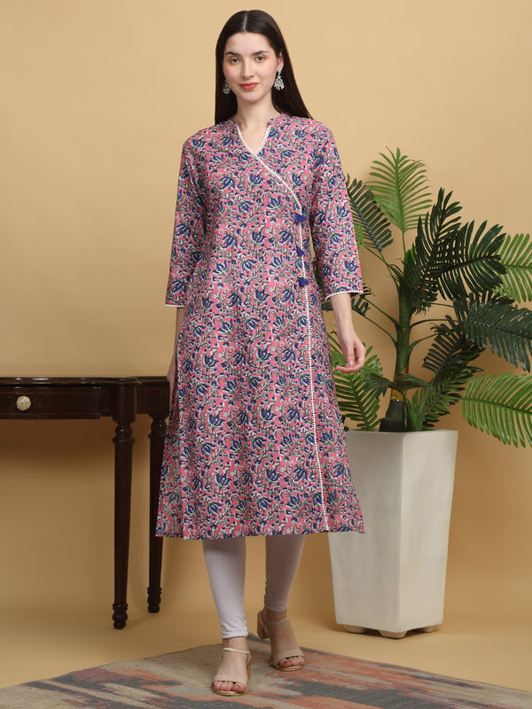 Wome Floral Pink Cotton Print Flared Kurta