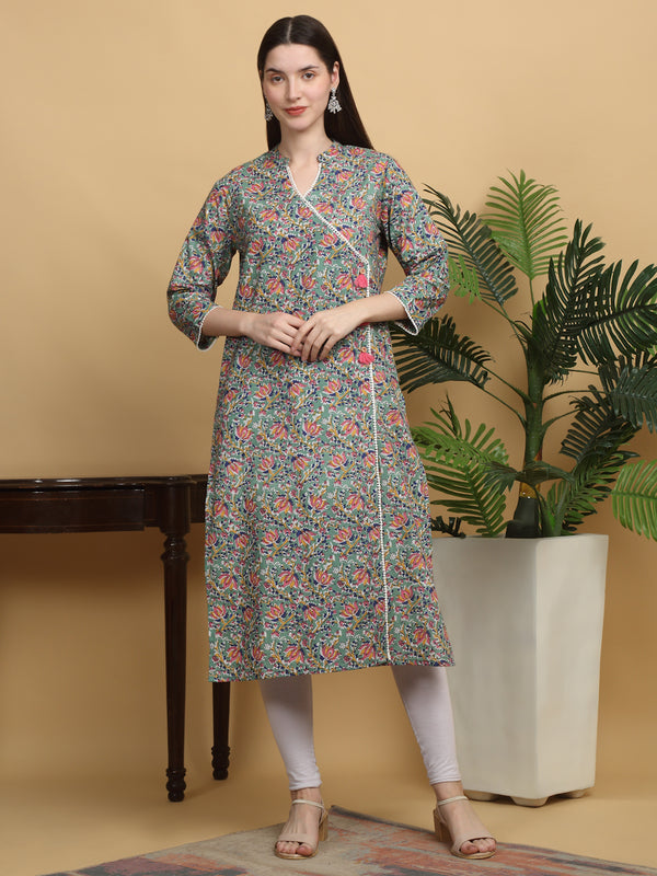 Women's  Green Cotton Printed A-line Kurta