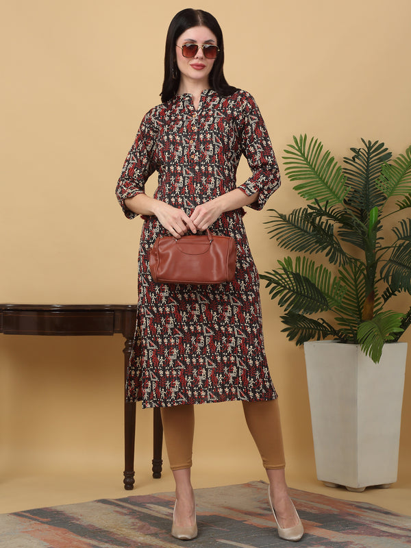 Geometric Black; red Cotton Print Cotton Blend Straight Kurta