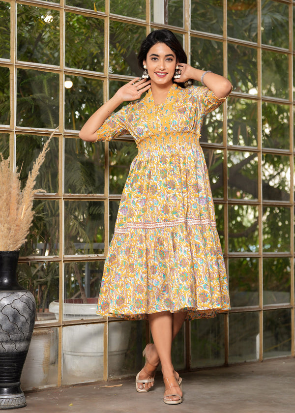 Women's Mustred Floral Yellow Cotton Print Anarkali Dress