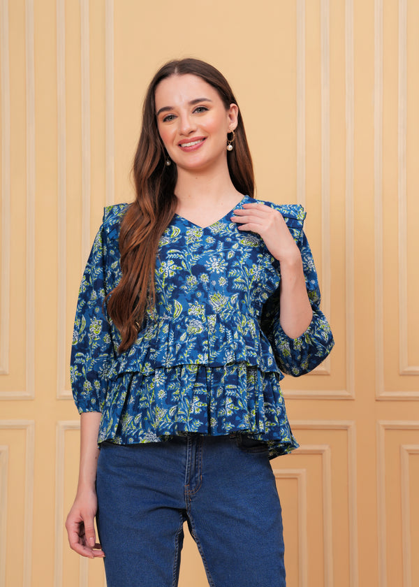 Casual Blue Cotton Printed Women's Grey Top