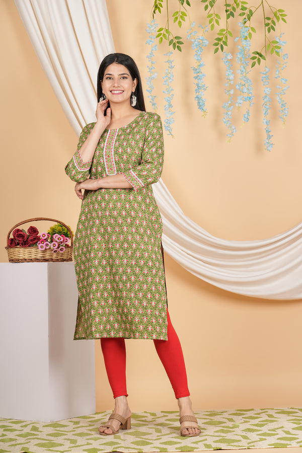 Women's Floral Green Rayon Print Ethnic Dress Kurta