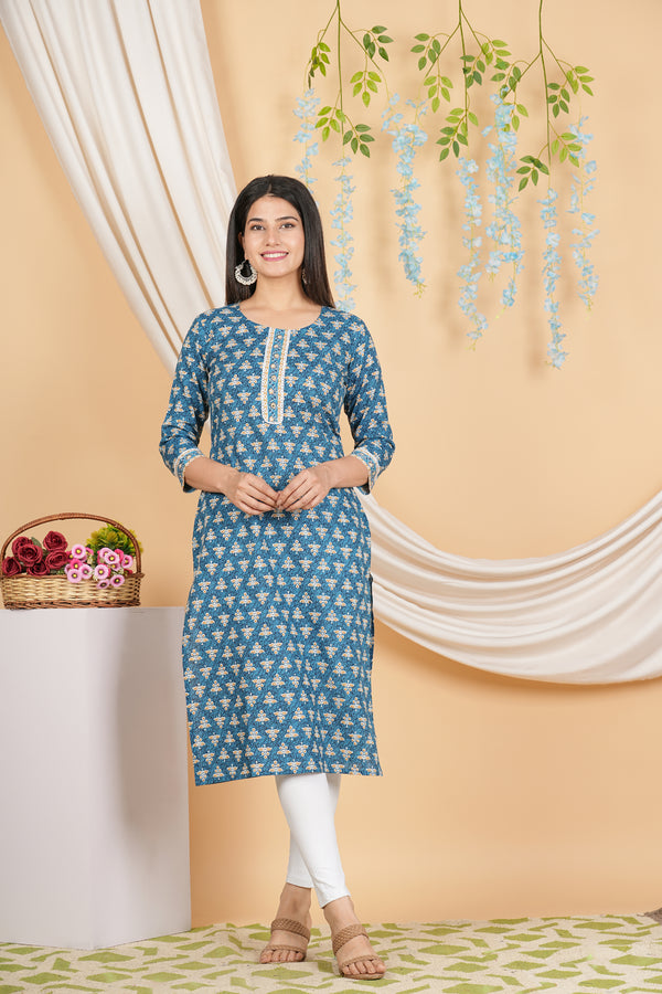 Women's Floral Blue Rayon Print Ethnic Kurta