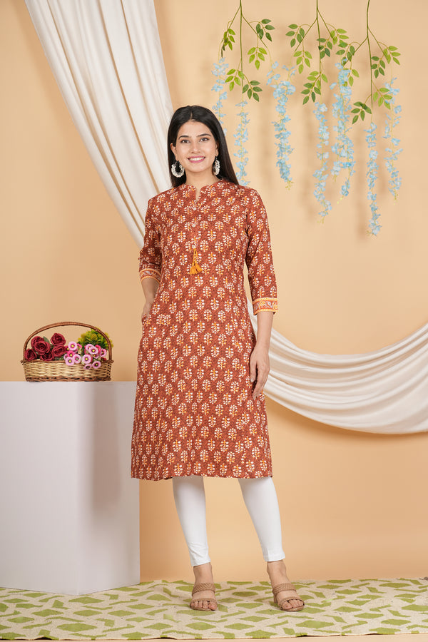 Women's Mustred  Floral Floral Red Cotton Print Ethnic Dress Kurta