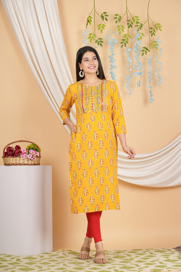 Women's Yellow Floral Yellow Rayon Print Ethnic Dress Kurta