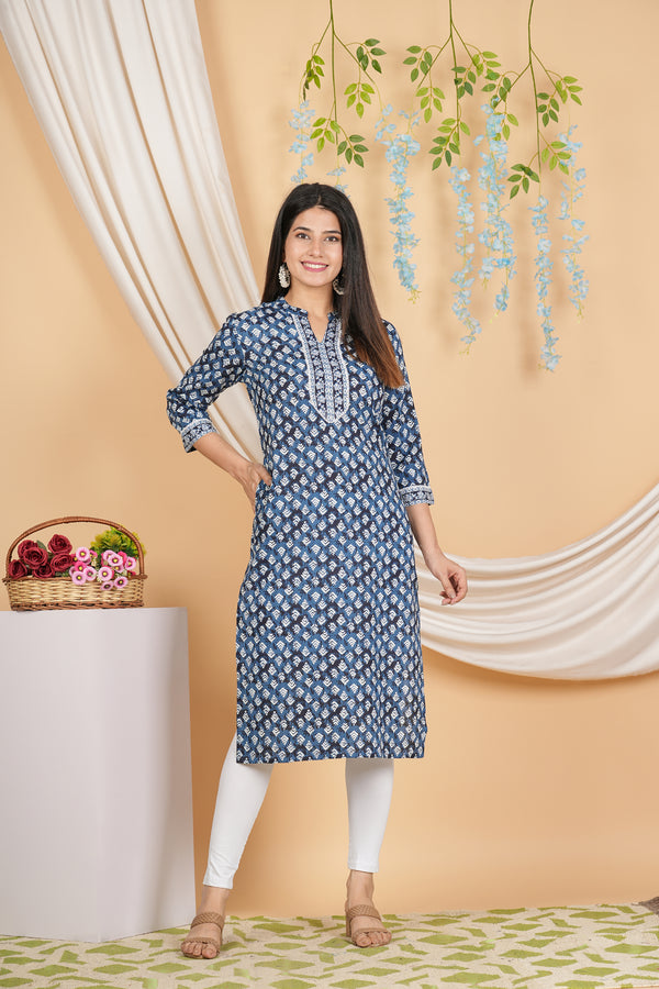 Floral Blue Cotton Print Ethnic Dress Kurta