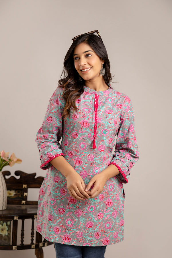 Casual Grey Cotton Printed Women's Dark Green Top