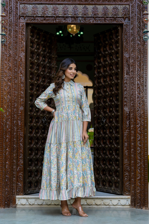 Women's Grey Gray Modal chanderi Printed Log Kurta Gown