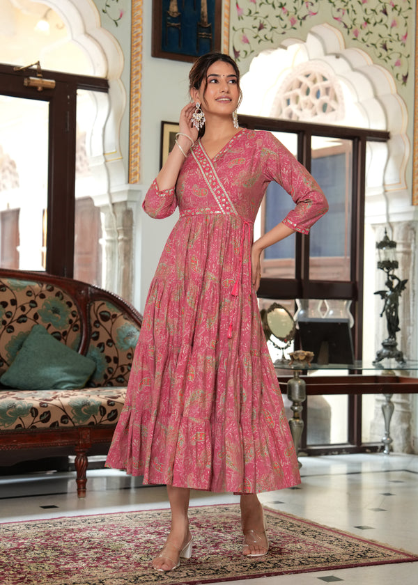 Women's Pink Flower Pink Modal chanderi Printed Kurta Gown