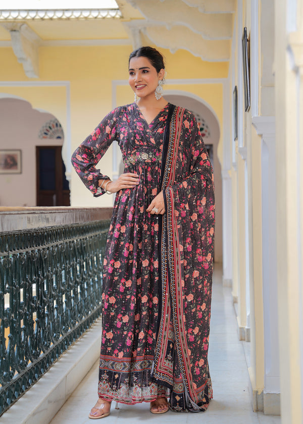 WomenBlack Black Chinon Printed Kurta Gown