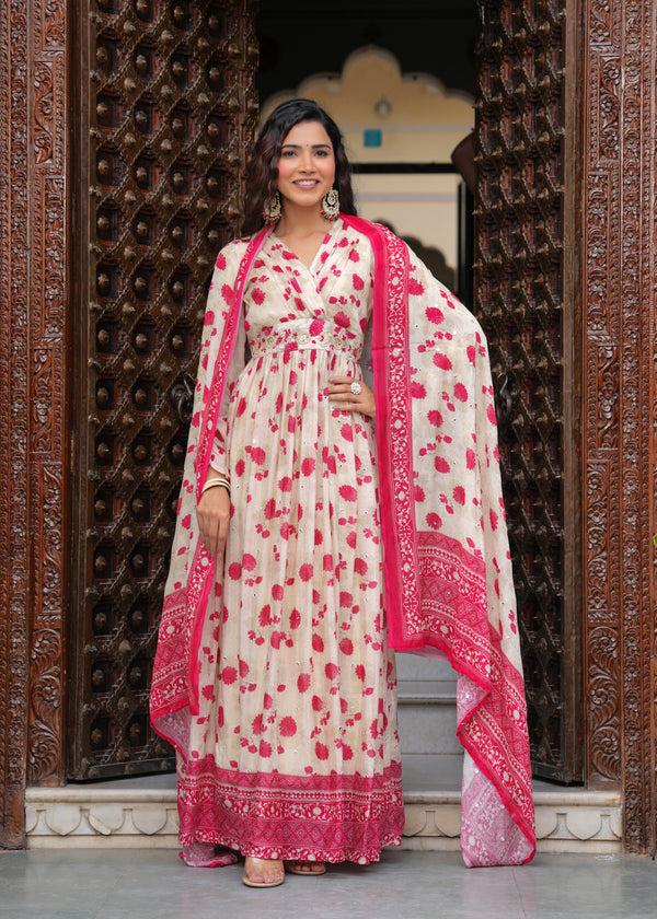 Women's Pink Flower  Pink; beige Chinon Printed Kurta Gown