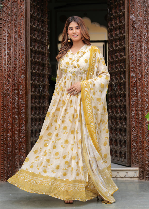 Women's Mustred Beige; yellow Chinon Printed Kurta Gown