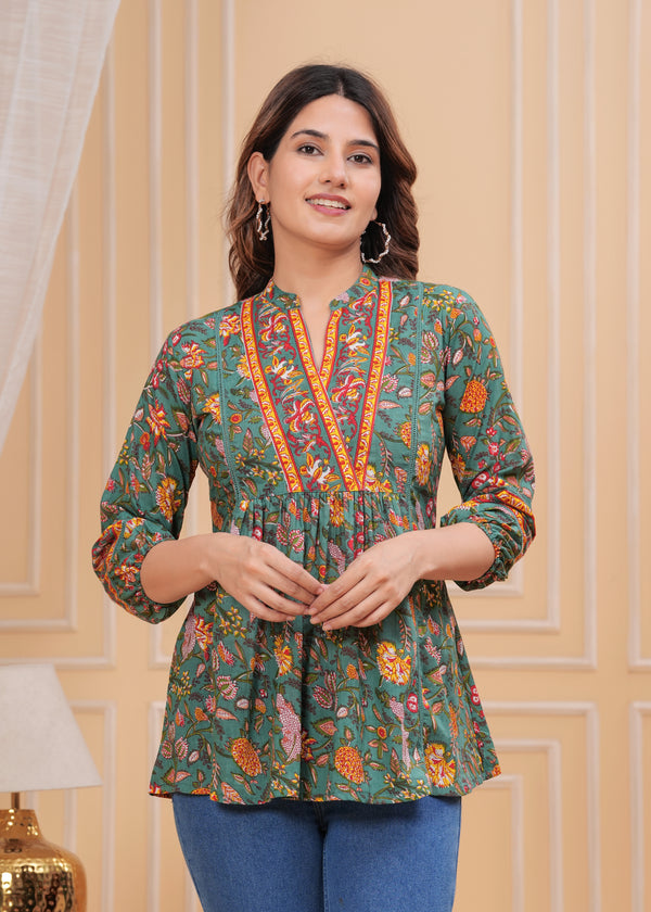 Women's Casual Dark Blue Flower Green Cotton Printed Top