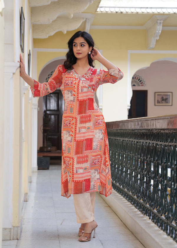 Myaza Women Peach Chinon Printed Kurta Set