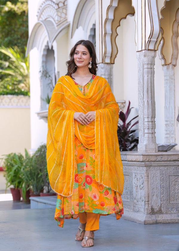 Orange Chinon Digital Printed Emb. Kurta Pant With Dupatta Set
