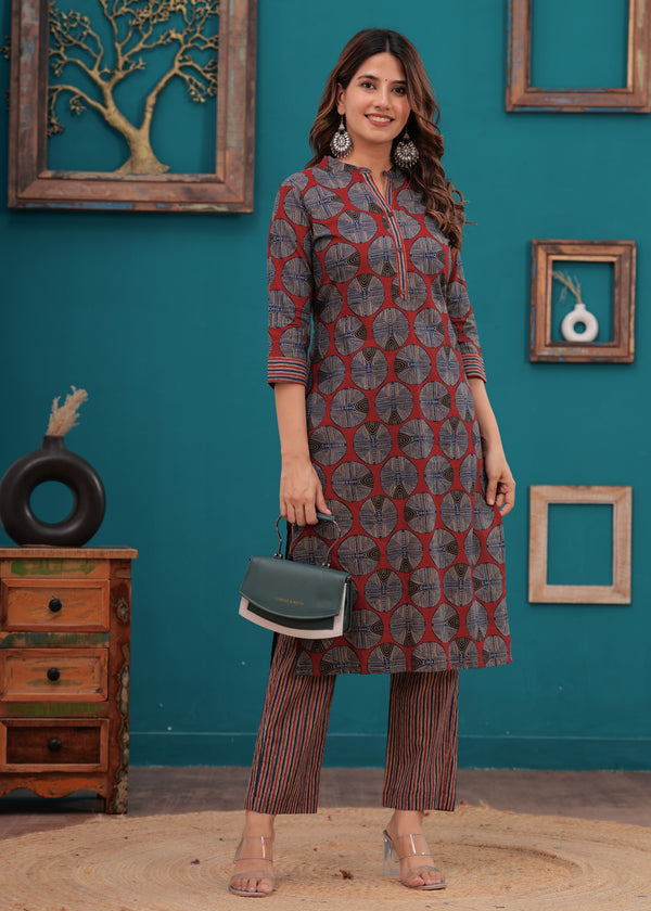 Myaza Women Maroon Blue Printed Kurta Set