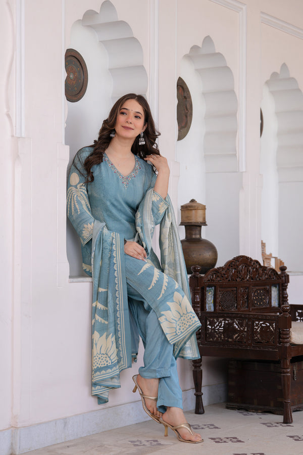 Sky Blue Shimmer Crape Maslin Digital Print Kurta Pant Dupatta Set
