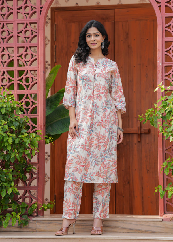 Myaza Women Peach Flower Printed Kurta Pant
