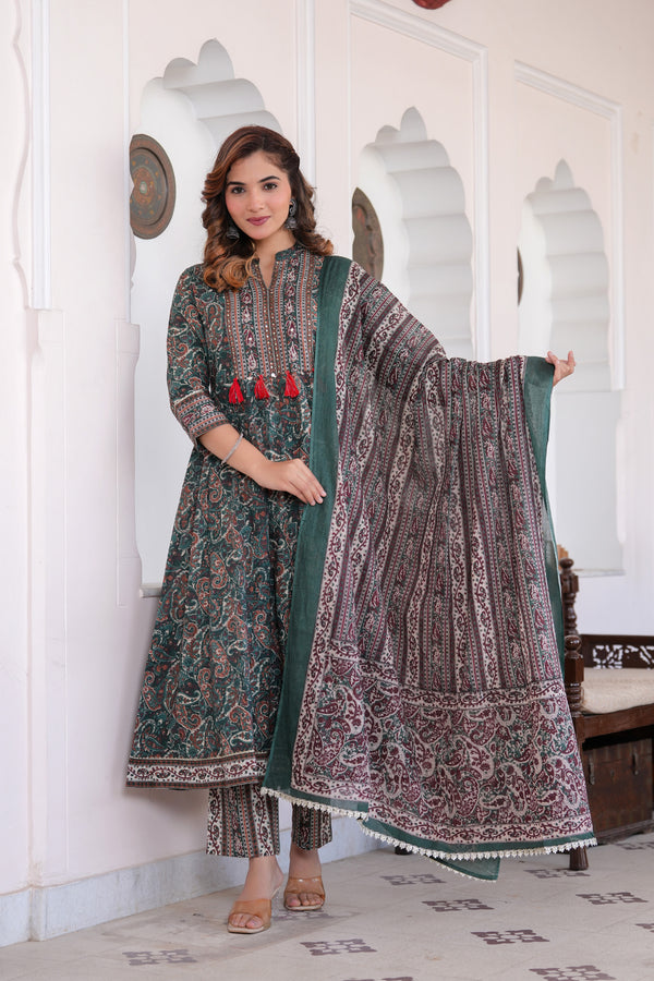 Cotton Green kurta Pant Duptta Set