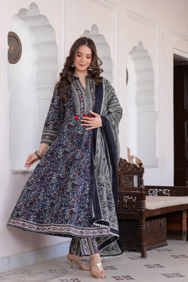 Blue Cotton Emb. Printed Kurta Pant Dupatta Set