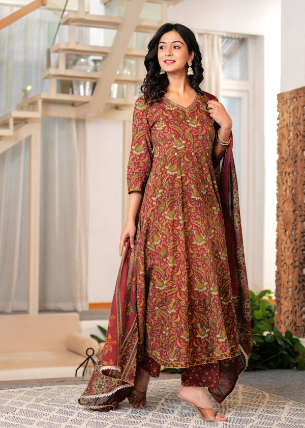 Maroon Cotton Printed Kurta Pant Dupatta Set